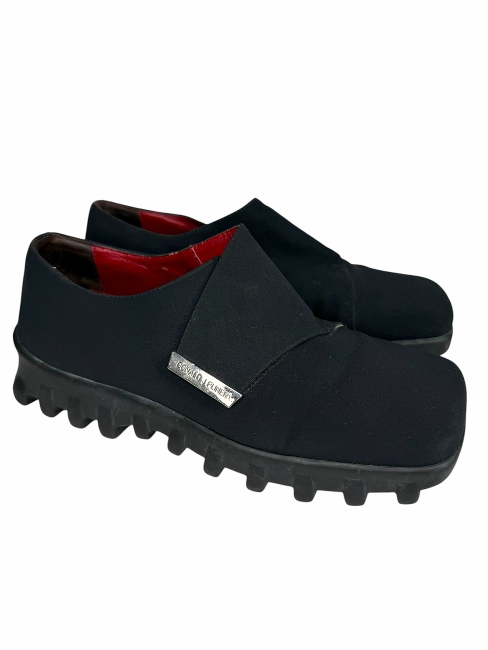 Donald J Pliner Black Lug Sole Square Toe Slip On Velcro Loafers Size 8